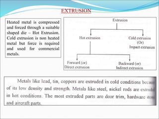 EXTRUSION
Heated metal is compressed
and forced through a suitable
shaped die – Hot Extrusion.
Cold extrusion is non heated
metal but force is required
and used for commercial
metals.
 