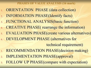 PHASES OF VALUE ANALYSIS (16 mark)
1. ORIENTATION PHASE (data collection)
2. INFORMATION PHASE(Identify facts)
3. FUNCTIONAL ANALYSIS(basic function)
4. CREATIVE PHASE( rearrange the information)
5. EVALUATION PHASE(create various alternatives)
6. DEVELOPMENT PHASE (alternatives for
technical requirement)
1. RECOMMENDATION PHASE(decision making)
2. IMPLEMENTATION PHASE(approval)
3. FOLLOW UP PHASE(compare with expectation)
 