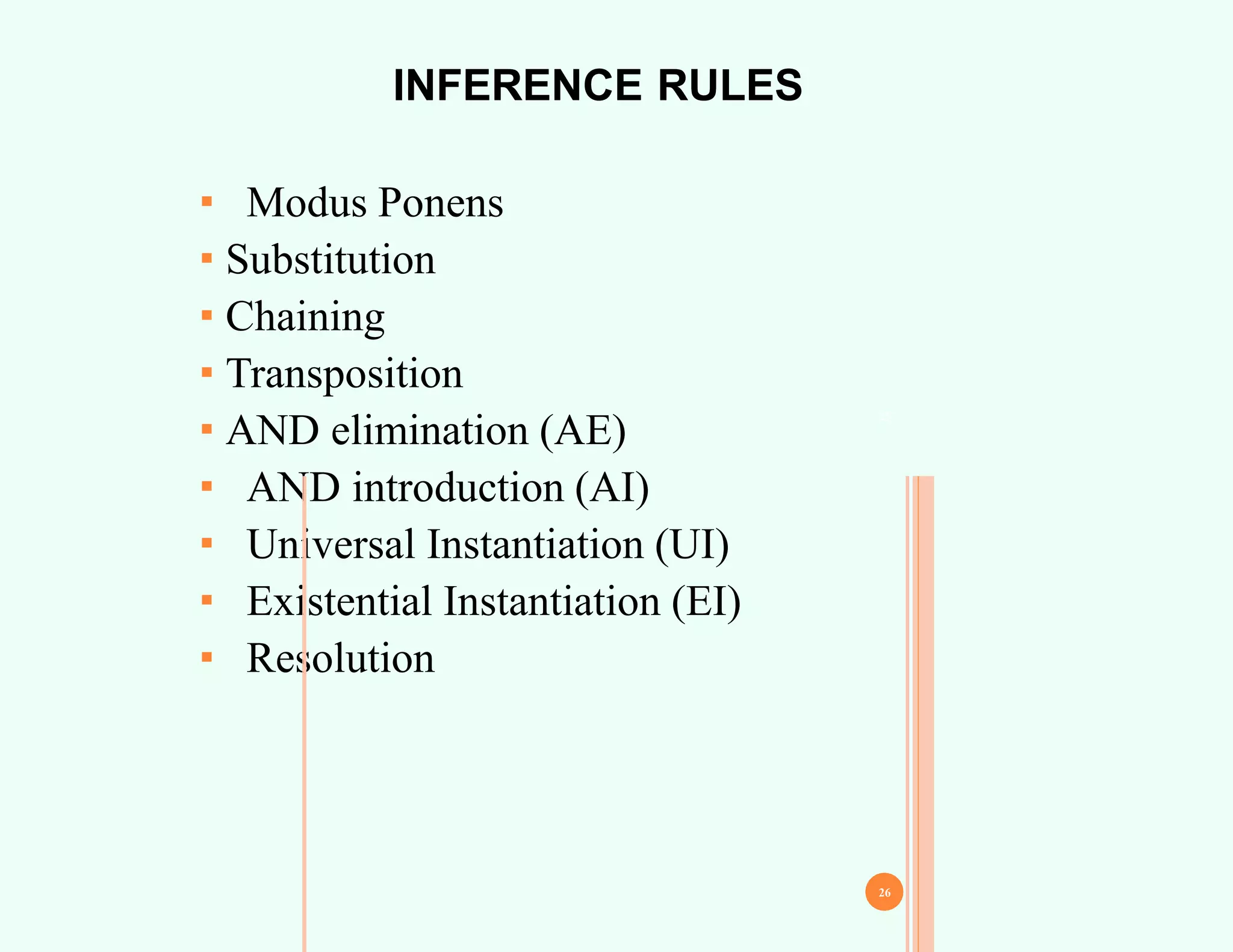 INFERENCE RULES
▪ Modus Ponens
▪Substitution
▪Chaining
▪Transposition
▪AND elimination (AE)
▪ AND introduction (AI)
▪ Universal Instantiation (UI)
▪ Existential Instantiation (EI)
▪ Resolution
25
26
 