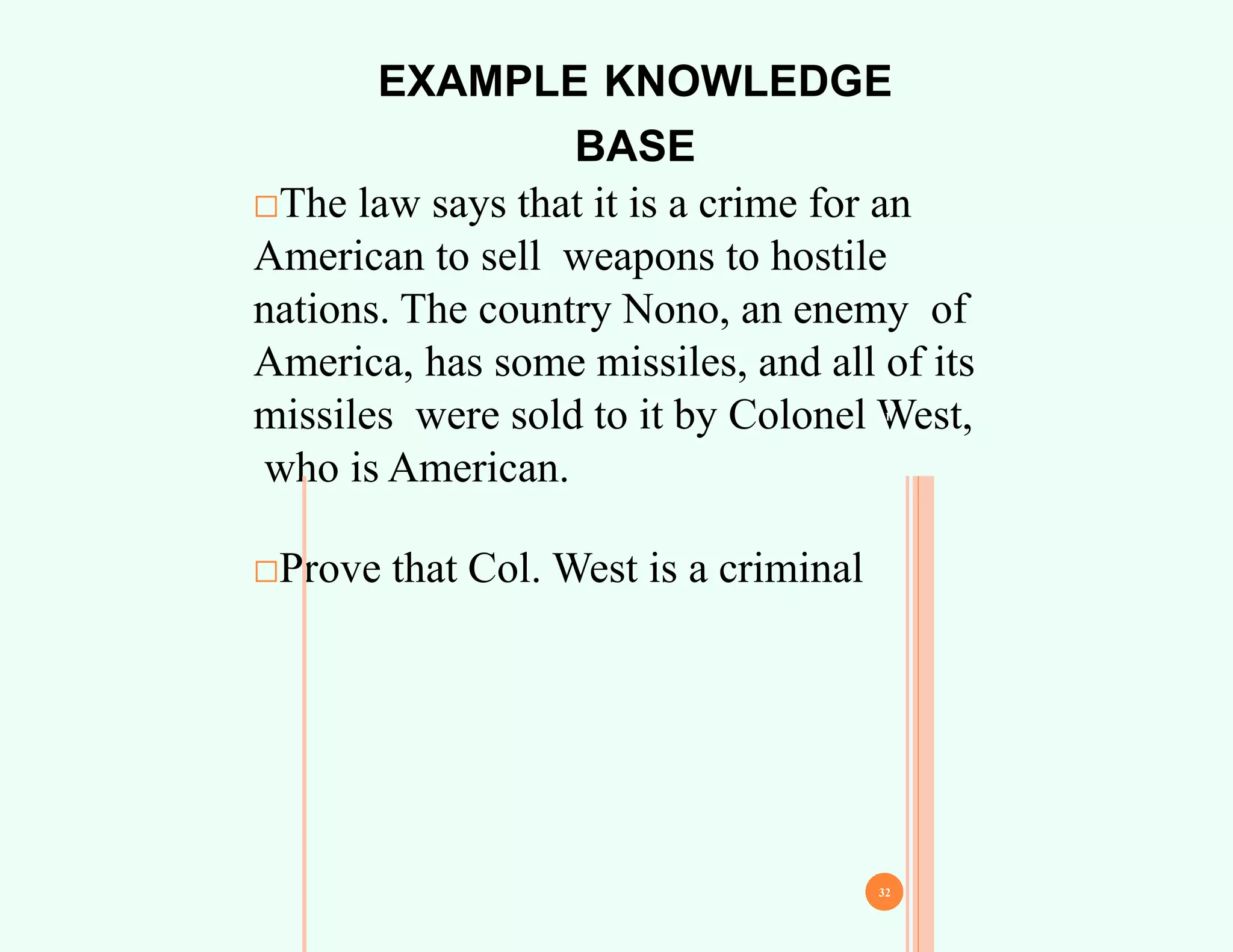 EXAMPLE KNOWLEDGE
BASE
□The law says that it is a crime for an
American to sell weapons to hostile
nations. The country Nono, an enemy of
America, has some missiles, and all of its
missiles were sold to it by Colonel West,
who is American.
□Prove that Col. West is a criminal
31
32
 