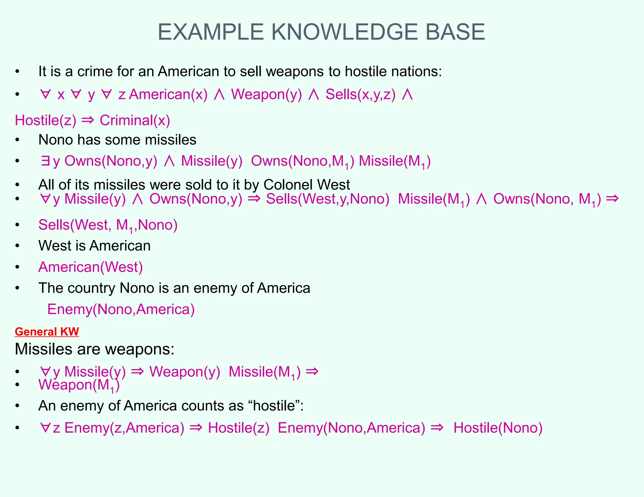 EXAMPLE KNOWLEDGE BASE
• It is a crime for an American to sell weapons to hostile nations:
• ∀ x ∀ y ∀ z American(x) ∧ Weapon(y) ∧ Sells(x,y,z) ∧
Hostile(z) ⇒ Criminal(x)
• Nono has some missiles
• ∃y Owns(Nono,y) ∧ Missile(y) Owns(Nono,M1) Missile(M1)
• All of its missiles were sold to it by Colonel West
• ∀y Missile(y) ∧ Owns(Nono,y) ⇒ Sells(West,y,Nono) Missile(M1) ∧ Owns(Nono, M1) ⇒
• Sells(West, M1,Nono)
• West is American
• American(West)
• The country Nono is an enemy of America
Enemy(Nono,America)
General KW
Missiles are weapons:
• ∀y Missile(y) ⇒ Weapon(y) Missile(M1) ⇒
• Weapon(M1)
• An enemy of America counts as “hostile”:
• ∀z Enemy(z,America) ⇒ Hostile(z) Enemy(Nono,America) ⇒ Hostile(Nono)
 