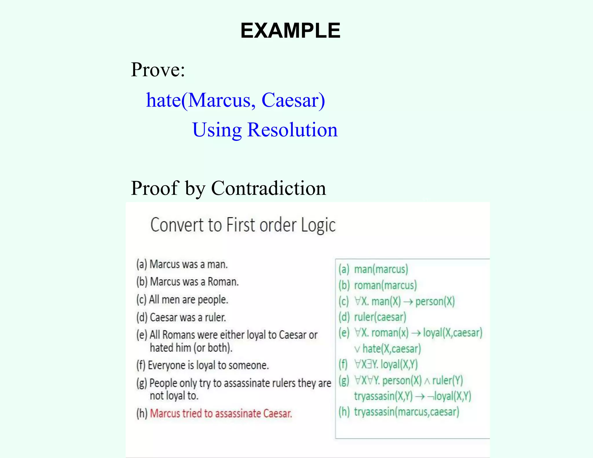 EXAMPLE
Prove:
hate(Marcus, Caesar)
Using Resolution
Proof by Contradiction 57
58
 