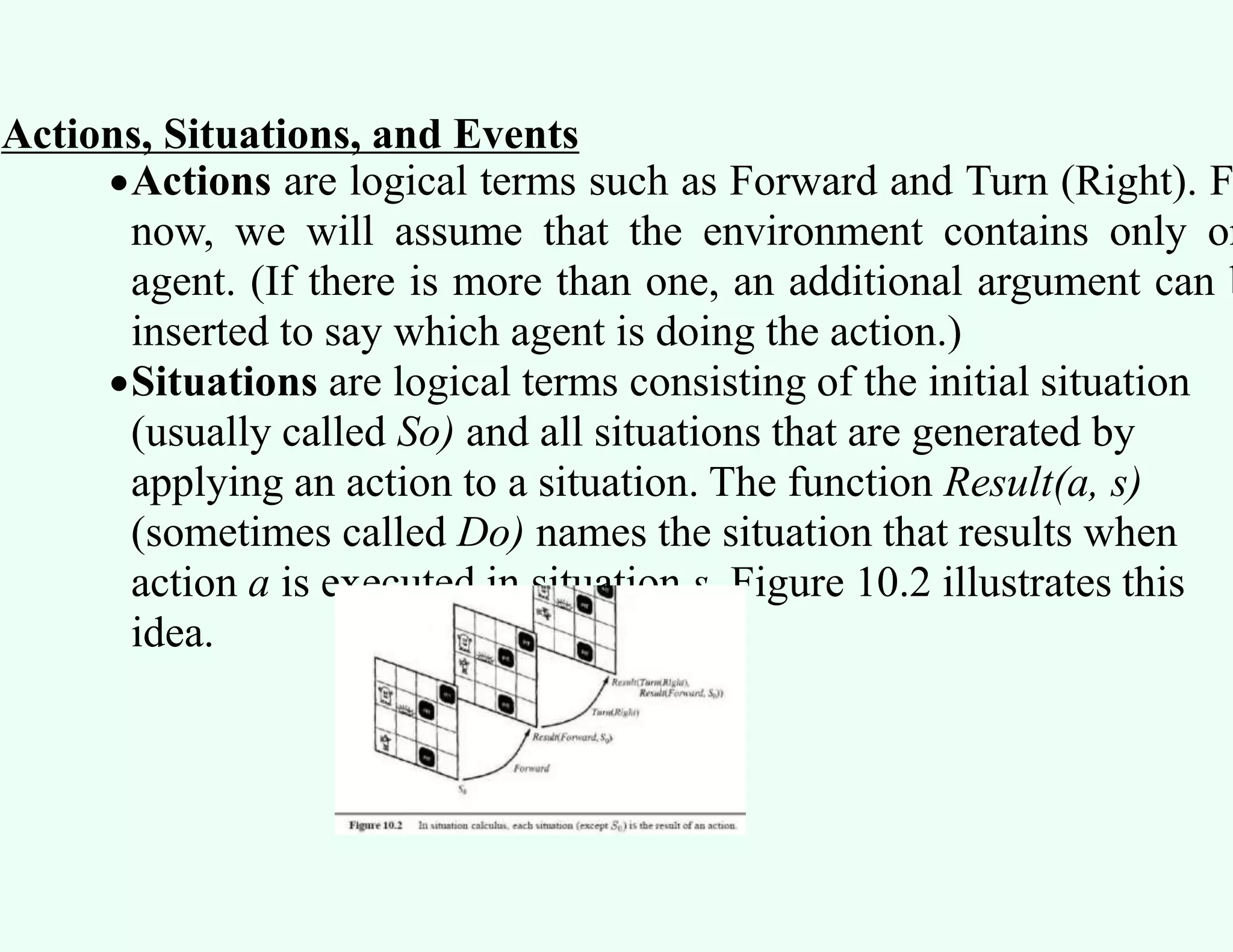 Actions, Situations, and Events
Actions are logical terms such as Forward and Turn (Right). F
now, we will assume that the environment contains only on
agent. (If there is more than one, an additional argument can b
inserted to say which agent is doing the action.)
Situations are logical terms consisting of the initial situation
(usually called So) and all situations that are generated by
applying an action to a situation. The function Result(a, s)
(sometimes called Do) names the situation that results when
action a is executed in situation s. Figure 10.2 illustrates this
idea.
 