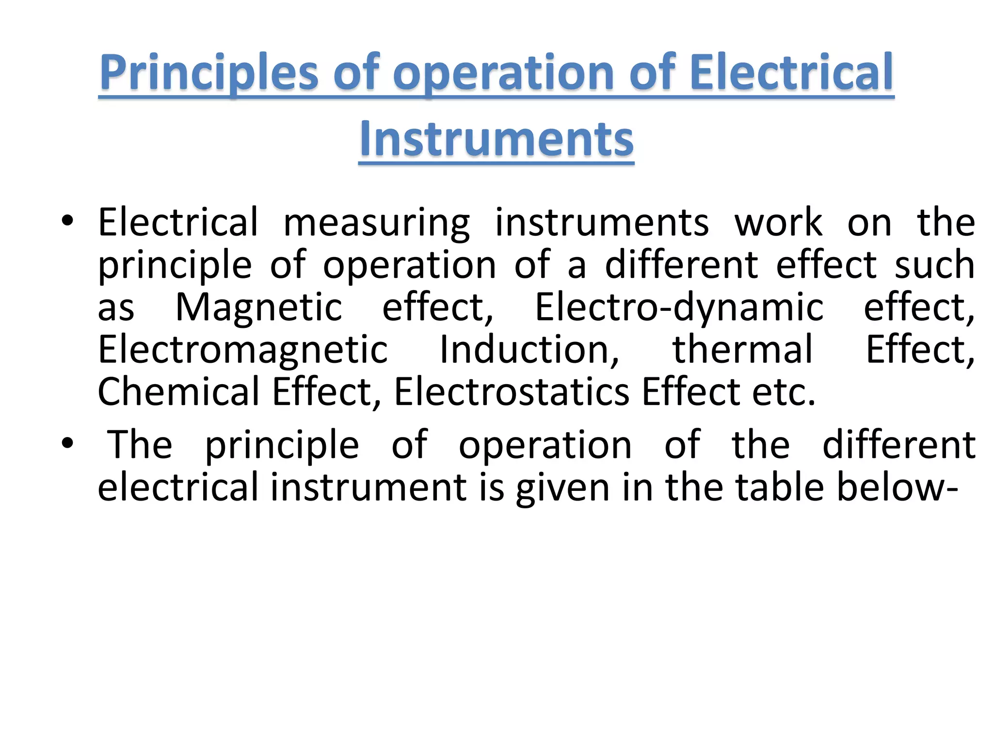 Principles of operation of Electrical
Instruments
• Electrical measuring instruments work on the
principle of operation of a different effect such
as Magnetic effect, Electro-dynamic effect,
Electromagnetic Induction, thermal Effect,
Chemical Effect, Electrostatics Effect etc.
• The principle of operation of the different
electrical instrument is given in the table below-
 