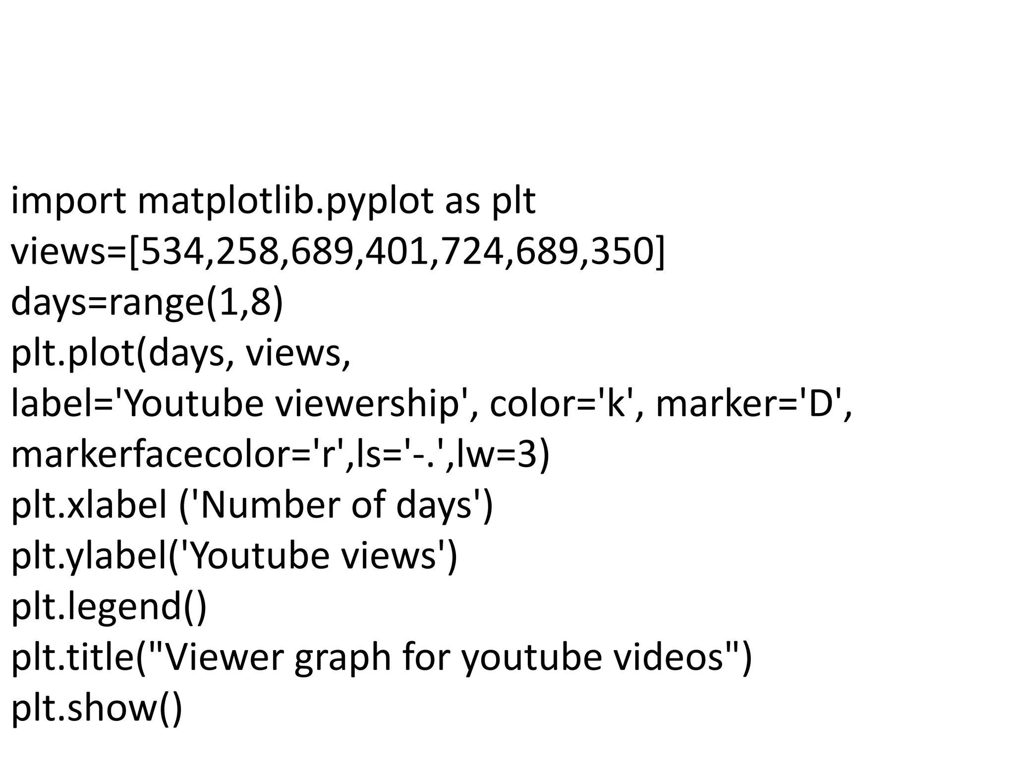 import matplotlib.pyplot as plt
views=[534,258,689,401,724,689,350]
days=range(1,8)
plt.plot(days, views,
label='Youtube viewership', color='k', marker='D',
markerfacecolor='r',ls='-.',lw=3)
plt.xlabel ('Number of days')
plt.ylabel('Youtube views')
plt.legend()
plt.title("Viewer graph for youtube videos")
plt.show()
 