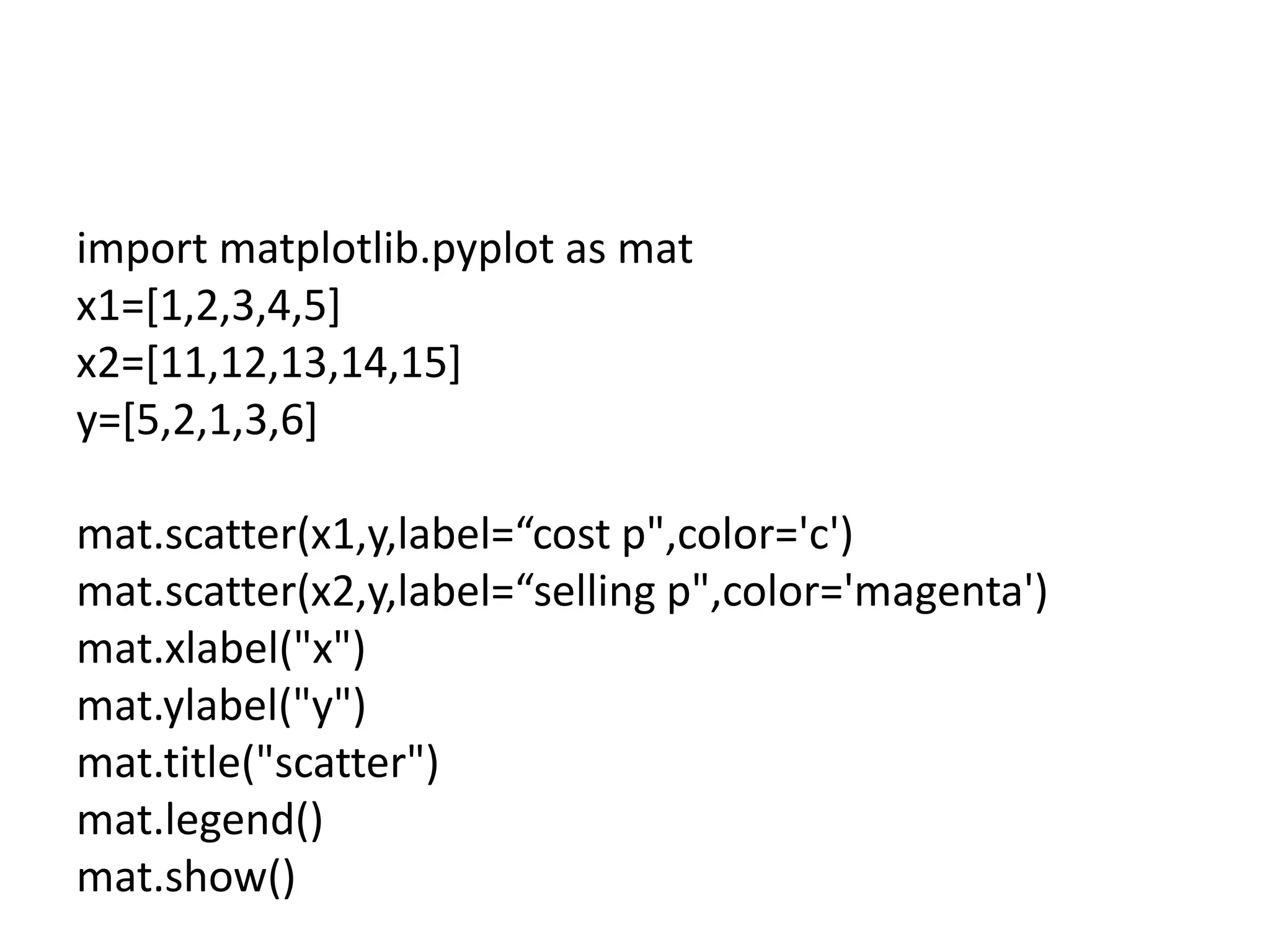import matplotlib.pyplot as mat
x1=[1,2,3,4,5]
x2=[11,12,13,14,15]
y=[5,2,1,3,6]
mat.scatter(x1,y,label=“cost p",color='c')
mat.scatter(x2,y,label=“selling p",color='magenta')
mat.xlabel("x")
mat.ylabel("y")
mat.title("scatter")
mat.legend()
mat.show()
 