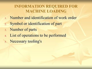 INFORMATION REQUIRED FOR
MACHINE LOADING
1. Number and identification of work order
2. Symbol or identification of part
3. Number of parts
4. List of operations to be performed
5. Necessary tooling's
 