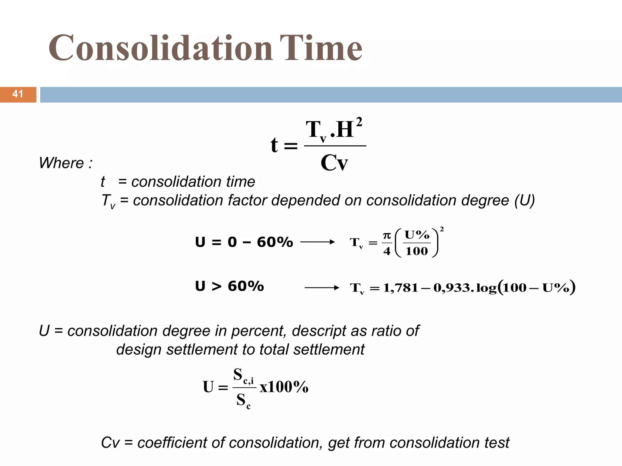 ConsolidationTime
Cv
H
.
T
t
2
v

 
%
U
100
log
.
933
,
0
781
,
1
Tv 


%
100
x
S
S
U
c
i
,
c

Where :
t = consolidation time
Tv = consolidation factor depended on consolidation degree (U)
U = consolidation degree in percent, descript as ratio of
design settlement to total settlement
Cv = coefficient of consolidation, get from consolidation test
2
v
100
%
U
4
T 







U = 0 – 60%
U > 60%
41
 