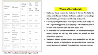 Waxes of herbal origin
• Firstly, you should consider the hardness of the wax. The higher the
melting point of a wax, the harder the finished product. If you’re making a
stick formulation, you’ll need a wax with a high melting point.
• If you’re preparing formulations for a tropical climate, you’ll need a wax
with a higher melting point. If you’re preparing a soft hand & body balm on
the other hand, you’ll need a wax with a low melting point.
• All waxes have their upsides and drawbacks. The choice depends on your
product concept and can vary from product to product and from
application to application.
• The balance between hardness (melting point), spreadability and skin feel
should be adjusted by trial and error and according to the climate the
product is going to be marketed, the packaging and the product concept.
https://formulabotanica.com/6-vegan-waxes/
 