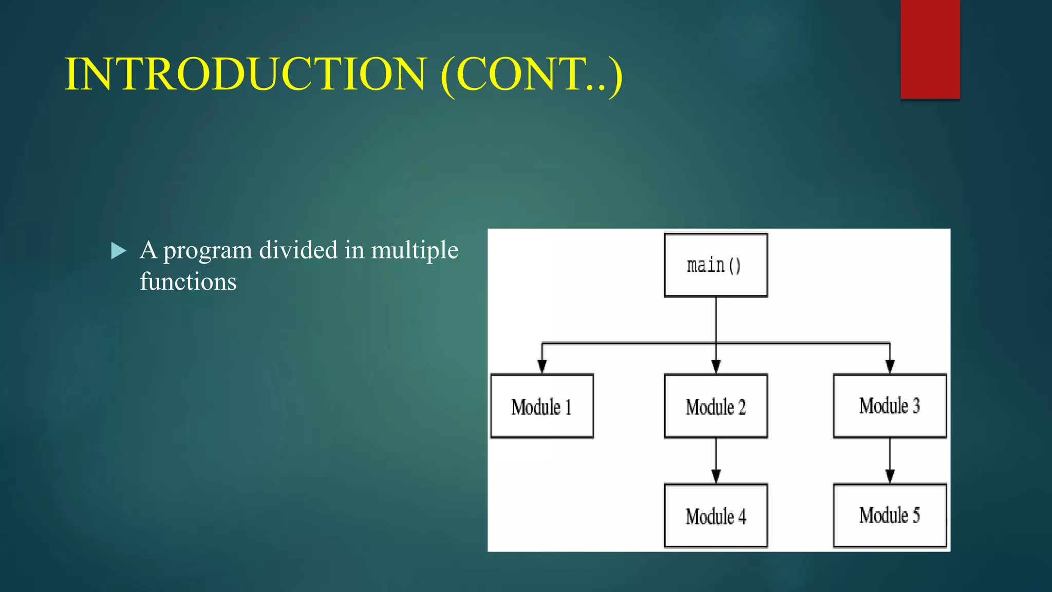 INTRODUCTION (CONT..)
 A program divided in multiple
functions
 