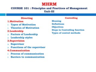 MHRM: Principles of Management unit iii pptx MHRM: Principles of Management unit iii pptx