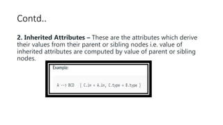 Contd..
2. Inherited Attributes – These are the attributes which derive
their values from their parent or sibling nodes i.e. value of
inherited attributes are computed by value of parent or sibling
nodes.
 