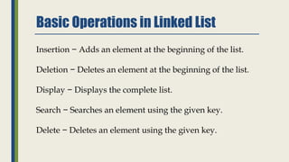 Linked list, Singly link list and its operations | PPT