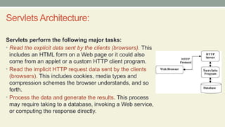 Servlets Architecture:
Servlets perform the following major tasks:
• Read the explicit data sent by the clients (browsers). This
includes an HTML form on a Web page or it could also
come from an applet or a custom HTTP client program.
• Read the implicit HTTP request data sent by the clients
(browsers). This includes cookies, media types and
compression schemes the browser understands, and so
forth.
• Process the data and generate the results. This process
may require taking to a database, invoking a Web service,
or computing the response directly.
 