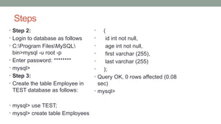 Steps
• Step 2:
• Login to database as follows
• C:Program FilesMySQL
bin>mysql -u root -p
• Enter password: ********
• mysql>
• Step 3:
• Create the table Employee in
TEST database as follows:
• mysql> use TEST;
• mysql> create table Employees
• (
• id int not null,
• age int not null,
• first varchar (255),
• last varchar (255)
• );
• Query OK, 0 rows affected (0.08
sec)
• mysql>
 