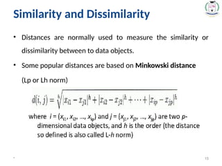 Similarity and Dissimilarity
• Distances are normally used to measure the similarity or
dissimilarity between to data objects.
• Some popular distances are based on Minkowski distance
(Lp or Lh norm)
* 15
 