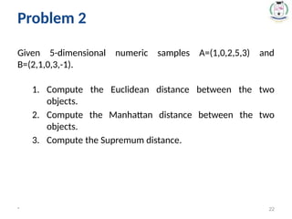 Given 5-dimensional numeric samples A=(1,0,2,5,3) and
B=(2,1,0,3,-1).
1. Compute the Euclidean distance between the two
objects.
2. Compute the Manhattan distance between the two
objects.
3. Compute the Supremum distance.
* 22
Problem 2
 