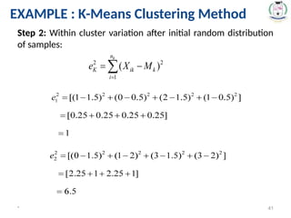Step 2: Within cluster variation after initial random distribution
of samples:
* 41
EXAMPLE : K-Means Clustering Method
 