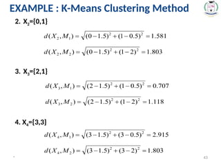 2. X2={0,1}
3. X3={2,1}
4. X4={3,3}
* 43
EXAMPLE : K-Means Clustering Method
 