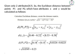 Given only 2 attributes(X,Y). So, the Euclidean distance between
points P1 and P2, which have attributes x and y would be
calculated as follows:
* 84
 