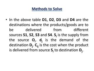Methods to Solve
• In the above table D1, D2, D3 and D4 are the
destinations where the products/goods are to
be delivered from different
sources S1, S2, S3 and S4. Si is the supply from
the source Oi. dj is the demand of the
destination Dj. Cij is the cost when the product
is delivered from source Si to destination Dj.
 