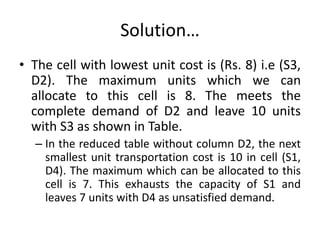 Solution…
• The cell with lowest unit cost is (Rs. 8) i.e (S3,
D2). The maximum units which we can
allocate to this cell is 8. The meets the
complete demand of D2 and leave 10 units
with S3 as shown in Table.
– In the reduced table without column D2, the next
smallest unit transportation cost is 10 in cell (S1,
D4). The maximum which can be allocated to this
cell is 7. This exhausts the capacity of S1 and
leaves 7 units with D4 as unsatisfied demand.
 