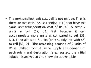 • The next smallest unit cost cell is not unique. That is
there ae two cells (S2, D3) and(S3, D1 ) that have the
same unit transporattion cost of Rs. 40. Allocate 7
units in cell (S2, d3) first because it can
accommodate more units as compared to cell (S3,
D1). Then allocate 3 units (only supply left with S3)
to cell (S3, D1). The remaining demand of 2 units of
D1 is fulfilled from S2. Since supply and demand of
each origin and destination is exhausted, the initial
solution is arrived at and shown in above table.
 