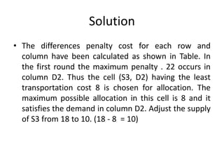 Solution
• The differences penalty cost for each row and
column have been calculated as shown in Table. In
the first round the maximum penalty . 22 occurs in
column D2. Thus the cell (S3, D2) having the least
transportation cost 8 is chosen for allocation. The
maximum possible allocation in this cell is 8 and it
satisfies the demand in column D2. Adjust the supply
of S3 from 18 to 10. (18 - 8 = 10)
 
