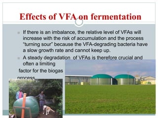 Effects of VFA on fermentation
■ If there is an imbalance, the relative level of VFAs will
increase with the risk of accumulation and the process
“turning sour” because the VFA-degrading bacteria have
a slow growth rate and cannot keep up.
■ A steady degradation of VFAs is therefore crucial and
often a limiting
factor for the biogas
process.
 