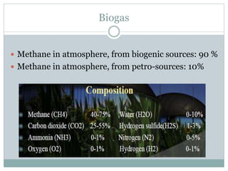 Biogas
 Methane in atmosphere, from biogenic sources: 90 %
 Methane in atmosphere, from petro-sources: 10%
 