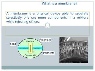 75
What is a membrane?
A membrane is a physical device able to separate
selectively one ore more components in a mixture
while rejecting others.
Feed side
Permeate side
Perm-selective Membrane
Permeation
 