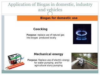 Application of Biogas in domestic, industry
and vehicles
 