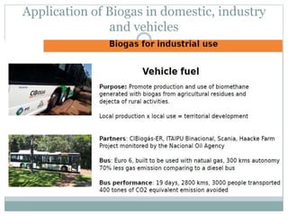 Application of Biogas in domestic, industry
and vehicles
 