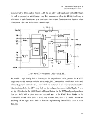 Dr.Y.Narasimmha Murthy Ph.D
yayavaram@yahoo.com

as shown below. There are two 4-input LUTS that are fed by CLB inputs, and the third LUT can
be used in combination with the other two. This arrangement allows the CLB to implement a
wide range of logic functions of up to nine inputs, two separate functions of four inputs or other
possibilities. Each CLB also contains two flip-flops.

Xilinx XC4000 Configurable Logic Block (CLB).
To provide

high density devices that support the integration of entire systems, the XC4000

chips have ―system oriented‖ features. For example, each CLB contains circuitry that allows it to
efficiently perform arithmetic (i.e., a circuit that can implement a fast carry operation for adderlike circuits) and also the LUTs in a CLB can be configured as read/write RAM cells. A new
version of this family, the 4000E, has the additional feature that the RAM can be configured as a
dual port RAM with a single write and two read ports. In the 4000E, RAM blocks can be
synchronous RAM. Also, each XC4000 chip includes very wide AND-planes around the
periphery of the logic block array to facilitate implementing circuit blocks such as wide
decoders.

11

 