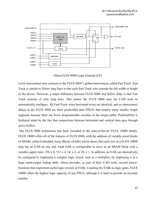 Dr.Y.Narasimmha Murthy Ph.D
yayavaram@yahoo.com

Altera FLEX 8000 Logic Element (LE).
Local interconnect also connects to the FLEX 8000’s global interconnect, called Fast Track. Fast
Track is similar to Xilinx long lines in that each Fast Track wire extends the full width or height
of the device. However, a major difference between FLEX 8000 and Xilinx chips is that Fast
Track consists of only long lines. This makes the FLEX 8000 easy for CAD tools to
automatically configure. All Fast-Track wires horizontal wires are identical, and so interconnect
delays in the FLEX 8000 are more predictable than FPGAs that employ many smaller length
segments because there are fewer programmable switches in the longer paths. Predictability is
furthered aided by the fact that connections between horizontal and vertical lines pass through
active buffers.
The FLEX 8000 architecture has been extended in the state-of-the-art FLEX 10000 family.
FLEX 10000 offers all of the features of FLEX 8000, with the addition of variable-sized blocks
of SRAM, called Embedded Array Blocks (EABs) which shows that each row in a FLEX 10000
chip has an EAB on one end. Each EAB is configurable to serve as an SRAM block with a
variable aspect ratio: 256 x 8, 512 x 4, 1K x 2, or 2K x 1. In addition, an EAB can alternatively
be configured to implement a complex logic circuit, such as a multiplier, by employing it as a
large multi-output lookup table. Altera provides, as part of their CAD tools, several macrofunctions that implement useful logic circuits in EABs. Counting the EABs as logic gates, FLEX
10000 offers the highest logic capacity of any FPGA, although it is hard to provide an accurate
number.
17

 