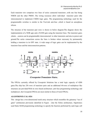 Dr.Y.Narasimmha Murthy Ph.D
yayavaram@yahoo.com

Each transistor row comprises two lines of series connected transistors ,with one line being
NMOS and the other PMOS .The wiring resources allow individual

transistor pairs tobe

interconnected to implement CMOS logic gates. The programming technology used for the
programmable switches is similar to the Via-Link anti-fuse ,which is based on amorphous
silicon.
The structure of the transistor pair rows is shown in below diagram.The diagram shows the
implementation of a NOR agte and a NAND gate using the transistor lines. The transistor gates
,drains , sources can be programmable interconnected to other transistors and also to power and
ground.The series connections across the lines is broken where necessary by permanently
holding a transistor in its OFF state. A wide range of logic gates can be implemented by the
transistor lines and the interconnection patterns.

The FPGAs currently offered by Crosspoint Solutions has a total logic capacity of 4200
gates.The chip has 256 rows of transistor pairs and an additional 64-rows of multiplexer like
structures are provided.With its rows based architecture ,anti-fuse programming technology and
multiplexers ,the Crosspoint FPGAs are most similar to those of Actel FPGAs.
ALGOTRONIX CAL-1024
This design has a two-dimensional mesh array structure which resembles the gatearray ―sea of
gates‖ architecture previously identified in Figure . Like the Xilinx architecture, Algotronics
used Static RAM programming technology to specify the function performed by each logic cell
19

 