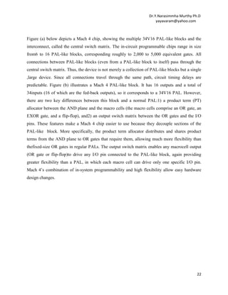 Dr.Y.Narasimmha Murthy Ph.D
yayavaram@yahoo.com

Figure (a) below depicts a Mach 4 chip, showing the multiple 34V16 PAL-like blocks and the
interconnect, called the central switch matrix. The in-circuit programmable chips range in size
from6 to 16 PAL-like blocks, corresponding roughly to 2,000 to 5,000 equivalent gates. All
connections between PAL-like blocks (even from a PAL-like block to itself) pass through the
central switch matrix. Thus, the device is not merely a collection of PAL-like blocks but a single
,large device. Since all connections travel through the same path, circuit timing delays are
predictable. Figure (b) illustrates a Mach 4 PAL-like block. It has 16 outputs and a total of
34inputs (16 of which are the fed-back outputs), so it corresponds to a 34V16 PAL. However,
there are two key differences between this block and a normal PAL:1) a product term (PT)
allocator between the AND plane and the macro cells (the macro cells comprise an OR gate, an
EXOR gate, and a flip-flop), and2) an output switch matrix between the OR gates and the I/O
pins. These features make a Mach 4 chip easier to use because they decouple sections of the
PAL-like block. More specifically, the product term allocator distributes and shares product
terms from the AND plane to OR gates that require them, allowing much more flexibility than
thefixed-size OR gates in regular PALs. The output switch matrix enables any macrocell output
(OR gate or flip-flop)to drive any I/O pin connected to the PAL-like block, again providing
greater flexibility than a PAL, in which each macro cell can drive only one specific I/O pin.
Mach 4’s combination of in-system programmability and high flexibility allow easy hardware
design changes.

22

 