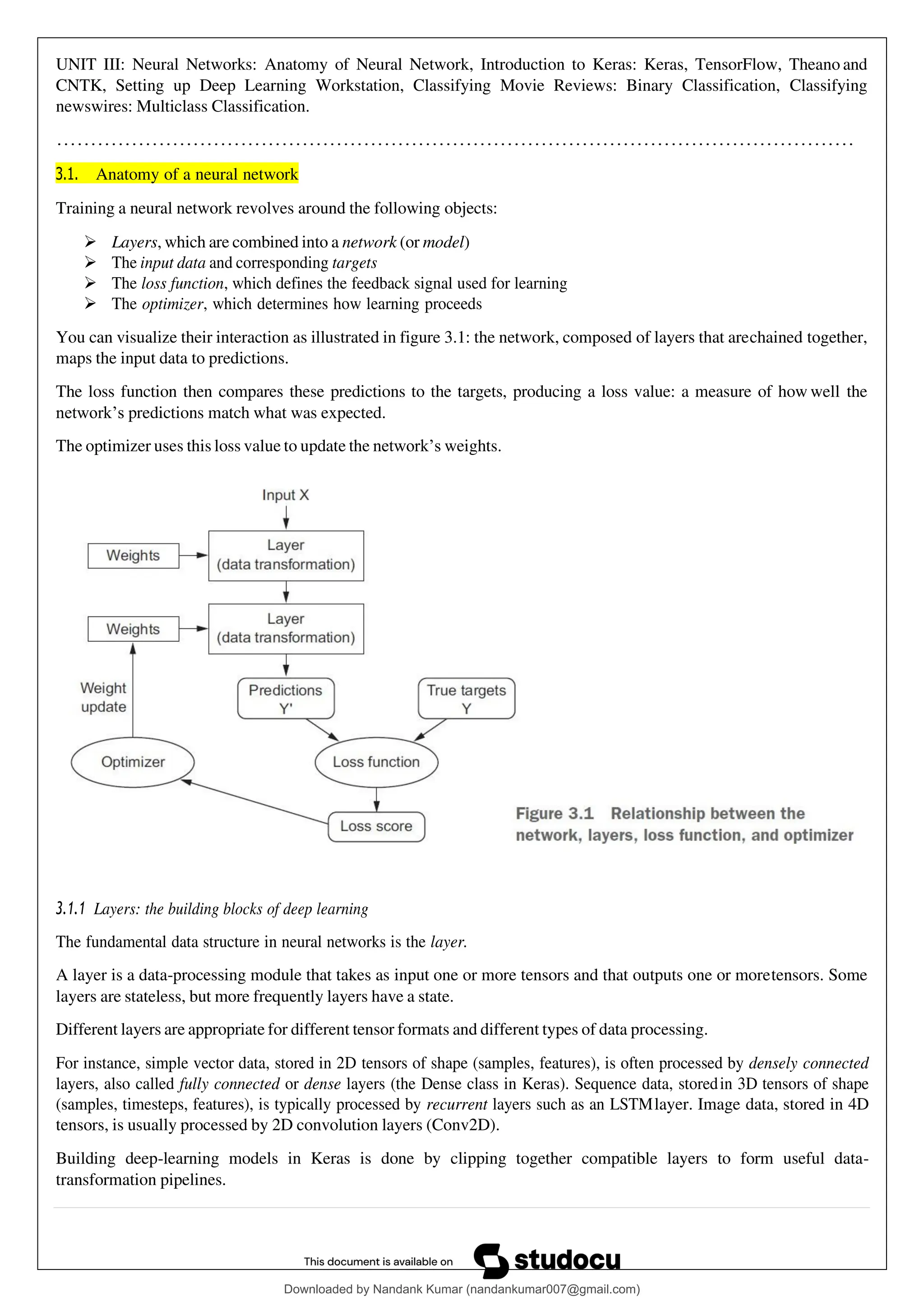 UNIT III: Neural Networks: Anatomy of Neural Network, Introduction to Keras: Keras, TensorFlow, Theano and
CNTK, Setting up Deep Learning Workstation, Classifying Movie Reviews: Binary Classification, Classifying
newswires: Multiclass Classification.
………………………………………………………………………………………………………
3.1. Anatomy of a neural network
Training a neural network revolves around the following objects:
➢ Layers, which are combined into a network (or model)
➢ The input data and corresponding targets
➢ The loss function, which defines the feedback signal used for learning
➢ The optimizer, which determines how learning proceeds
You can visualize their interaction as illustrated in figure 3.1: the network, composed of layers that arechained together,
maps the input data to predictions.
The loss function then compares these predictions to the targets, producing a loss value: a measure of how well the
network’s predictions match what was expected.
The optimizer uses this loss value to update the network’s weights.
3.1.1 Layers: the building blocks of deep learning
The fundamental data structure in neural networks is the layer.
A layer is a data-processing module that takes as input one or more tensors and that outputs one or moretensors. Some
layers are stateless, but more frequently layers have a state.
Different layers are appropriate for different tensor formats and different types of data processing.
For instance, simple vector data, stored in 2D tensors of shape (samples, features), is often processed by densely connected
layers, also called fully connected or dense layers (the Dense class in Keras). Sequence data, storedin 3D tensors of shape
(samples, timesteps, features), is typically processed by recurrent layers such as an LSTMlayer. Image data, stored in 4D
tensors, is usually processed by 2D convolution layers (Conv2D).
Building deep-learning models in Keras is done by clipping together compatible layers to form useful data-
transformation pipelines.
Downloaded by Nandank Kumar (nandankumar007@gmail.com)
lOMoARcPSD|45089905
 