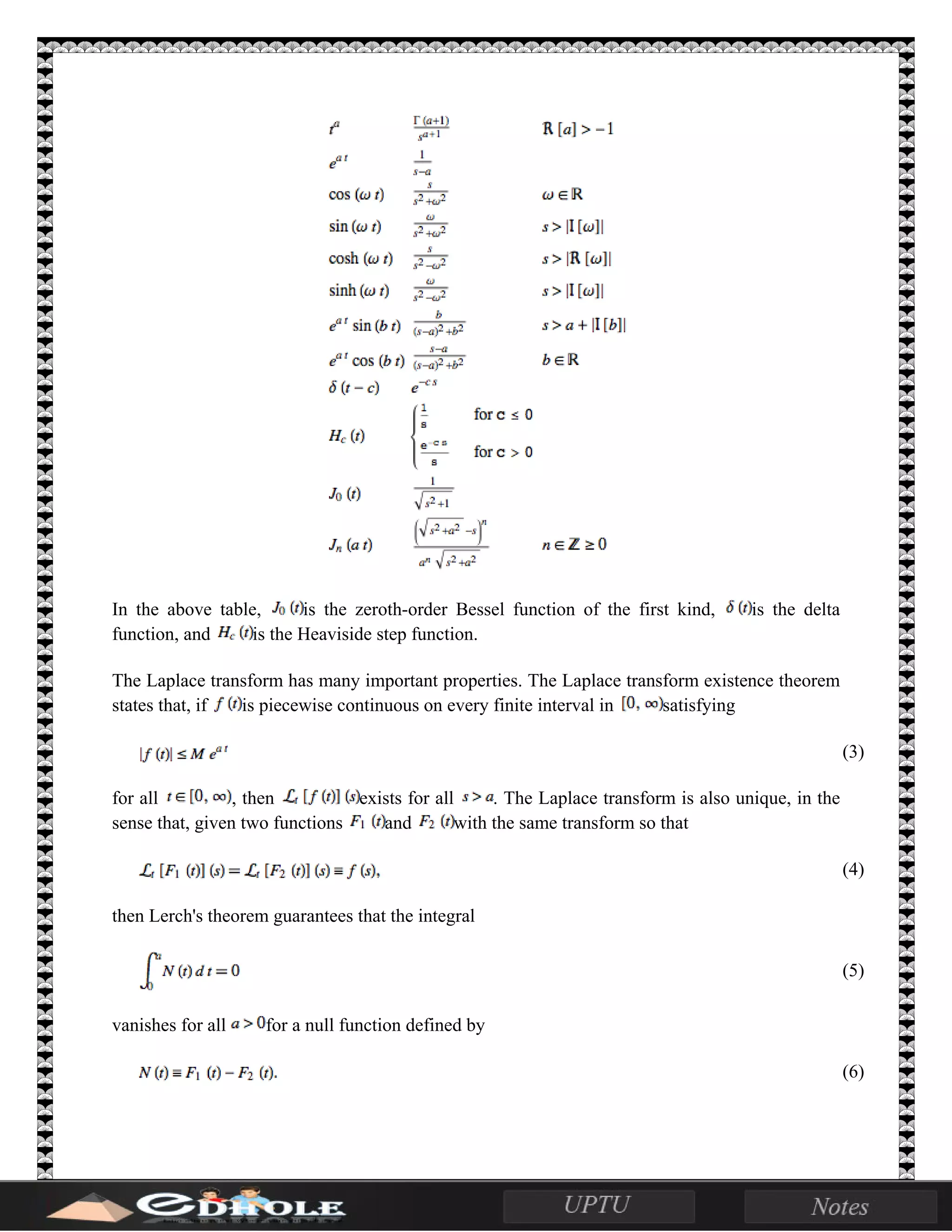 In the above table, is the zeroth-order Bessel function of the first kind, is the delta
function, and is the Heaviside step function.
The Laplace transform has many important properties. The Laplace transform existence theorem
states that, if is piecewise continuous on every finite interval in satisfying
(3)
for all , then exists for all . The Laplace transform is also unique, in the
sense that, given two functions and with the same transform so that
(4)
then Lerch's theorem guarantees that the integral
(5)
vanishes for all for a null function defined by
(6)
 