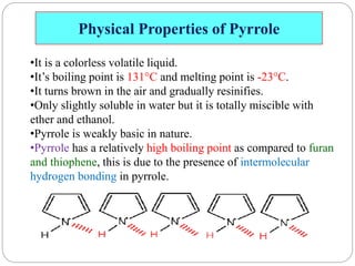 Physical Properties of Pyrrole
•It is a colorless volatile liquid.
•It’s boiling point is 131°C and melting point is -23°C.
•It turns brown in the air and gradually resinifies.
•Only slightly soluble in water but it is totally miscible with
ether and ethanol.
•Pyrrole is weakly basic in nature.
•Pyrrole has a relatively high boiling point as compared to furan
and thiophene, this is due to the presence of intermolecular
hydrogen bonding in pyrrole.
 