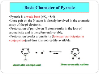 Basic Character of Pyrrole
•Pyrrole is a weak base (pKb =8.4)
•Lone pair on the N-atom is already involved in the aromatic
array of the pi electrons.
•Protonation of pyrrole on N atom results in the loss of
aromaticity and is therefore unfavorable.
•Protonation breaks aromaticity (lone pair participates in
conjugation)and thus it is not readily available.
 