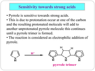 • Pyrrole is sensitive towards strong acids.
• This is due to protonation occur at one of the carbon
and the resulting protonated molecule will add to
another unprotonated pyrrole molecule this continues
until a pyrrole trimer is formed.
• The reaction is considered as electrophilic addition of
pyrrole.
Sensitivity towards strong acids
 