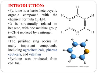 INTRODUCTION:
•Pyridine is a basic heterocyclic
organic compound with the
chemical formula C5H5N.
•It is structurally related to
benzene, with one methine group
(=CH-) replaced by a nitrogen
atom.
•The pyridine ring occurs in
many important compounds,
including agrochemicals, pharma
ceuticals, and vitamins.
•Pyridine was produced from
coal tar.
 