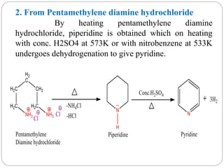 2. From Pentamethylene diamine hydrochloride
By heating pentamethylene diamine
hydrochloride, piperidine is obtained which on heating
with conc. H2SO4 at 573K or with nitrobenzene at 533K
undergoes dehydrogenation to give pyridine.
 