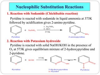 Nucleophilic Substitution Reactions
1. Reaction with Sodamide (Chichibabin reaction)
Pyridine is reacted with sodamide in liquid ammonia at 373K
followed by acidification gives 2-amino pyridine.
2. Reaction with Potassium hydroxide
Pyridine is reacted with solid NaOH/KOH in the presence of
O2 at 573K gives equilibrium mixture of 2-hydroxypyridine and
2-pyridone.
 