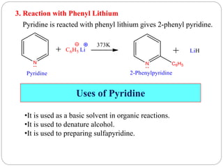 Uses of Pyridine
3. Reaction with Phenyl Lithium
Pyridine is reacted with phenyl lithium gives 2-phenyl pyridine.
•It is used as a basic solvent in organic reactions.
•It is used to denature alcohol.
•It is used to preparing sulfapyridine.
 