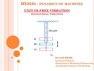 ME8594 - DYNAMICS OF MACHINES
UNIT-III-FREE VIBRATION
(LONGITUDINAL VIBRATION)
By,
Dr.S.SURESH,
Assistant Professor,
Department of Mechanical Engineering
Jayalakshmi Institute of Technology.
 