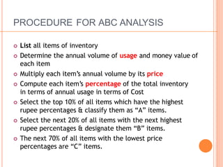 PROCEDURE FOR ABC ANALYSIS
 List all items of inventory
 Determine the annual volume of usage and money value of
each item
 Multiply each item’s annual volume by its price
 Compute each item’s percentage of the total inventory
in terms of annual usage in terms of Cost
 Select the top 10% of all items which have the highest
rupee percentages & classify them as “A” items.
 Select the next 20% of all items with the next highest
rupee percentages & designate them “B” items.
 The next 70% of all items with the lowest price
percentages are “C” items.
 