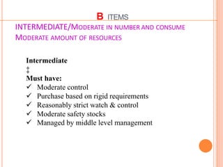 B ITEMS
INTERMEDIATE/MODERATE IN NUMBER AND CONSUME
MODERATE AMOUNT OF RESOURCES
Intermediate
‡
Must have:
 Moderate control
 Purchase based on rigid requirements
 Reasonably strict watch & control
 Moderate safety stocks
 Managed by middle level management
 