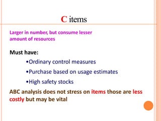 C items
Larger in number, but consume lesser
amount of resources
Must have:
•Ordinary control measures
•Purchase based on usage estimates
•High safety stocks
ABC analysis does not stress on items those are less
costly but may be vital
 